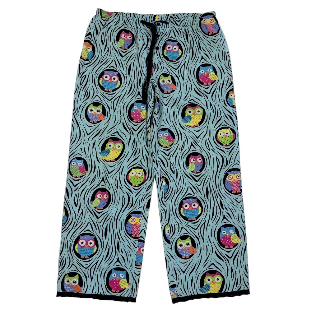 Nick & Nora Women's Blue Owl Woodgrain Print Cotton Pajama Pants Lace Trim Large
